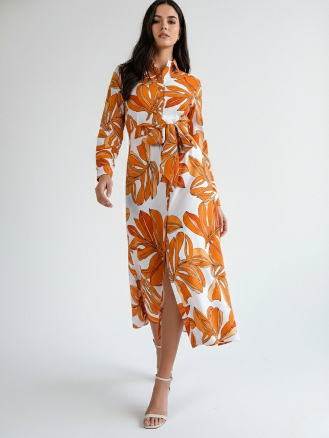 Orange Printed Shirt Tie Up Midi Dress