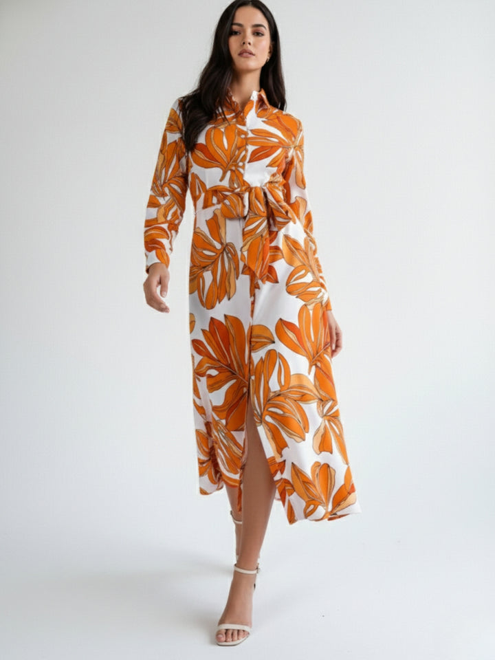 Orange Printed Shirt Tie Up Midi Dress