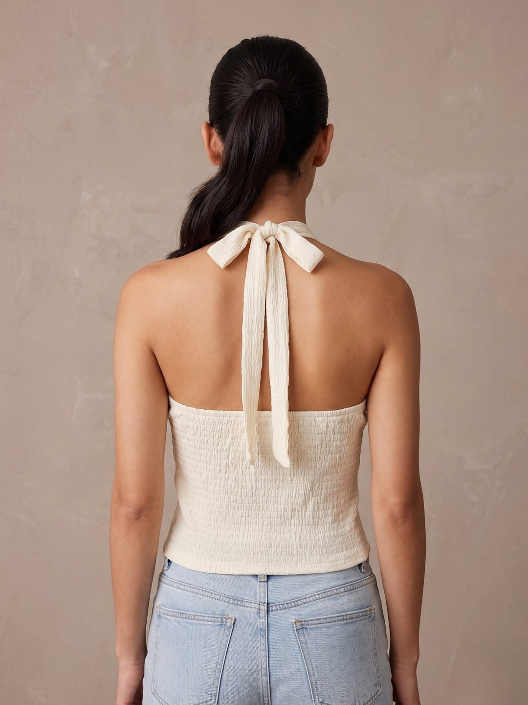 Cream Halter Tank Top With Lace Inserts