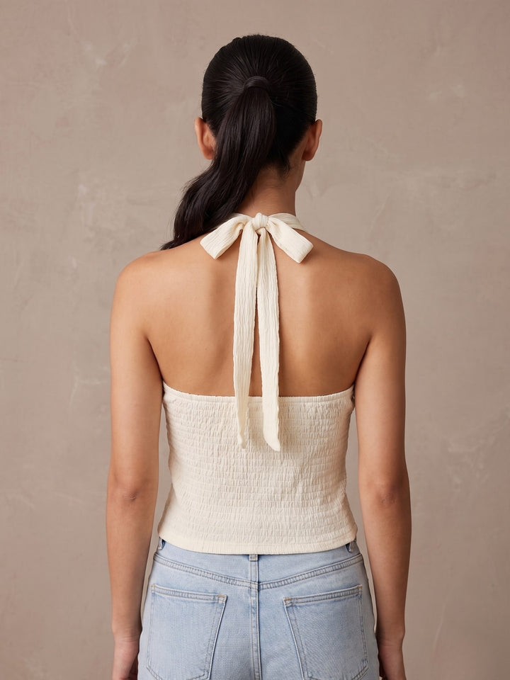 Cream Halter Tank Top With Lace Inserts