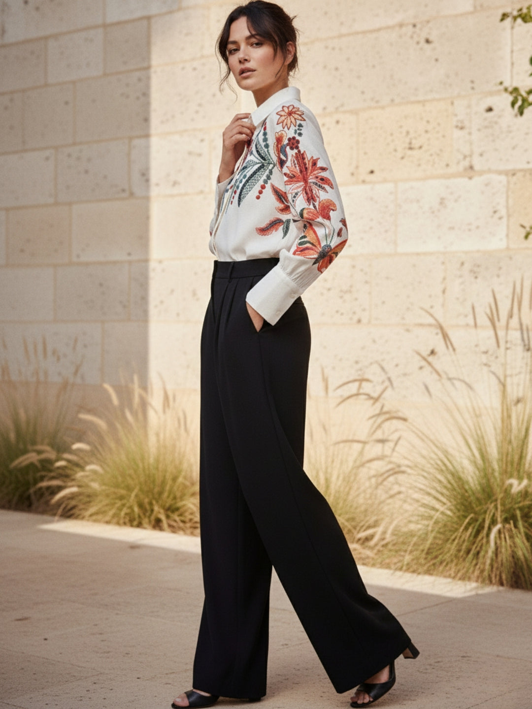 Off White Bishop Sleeve Front Buttoned Embroidered Top