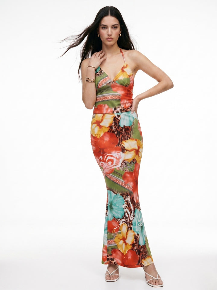 Multi Halter Neck Printed Top And Skirt Set
