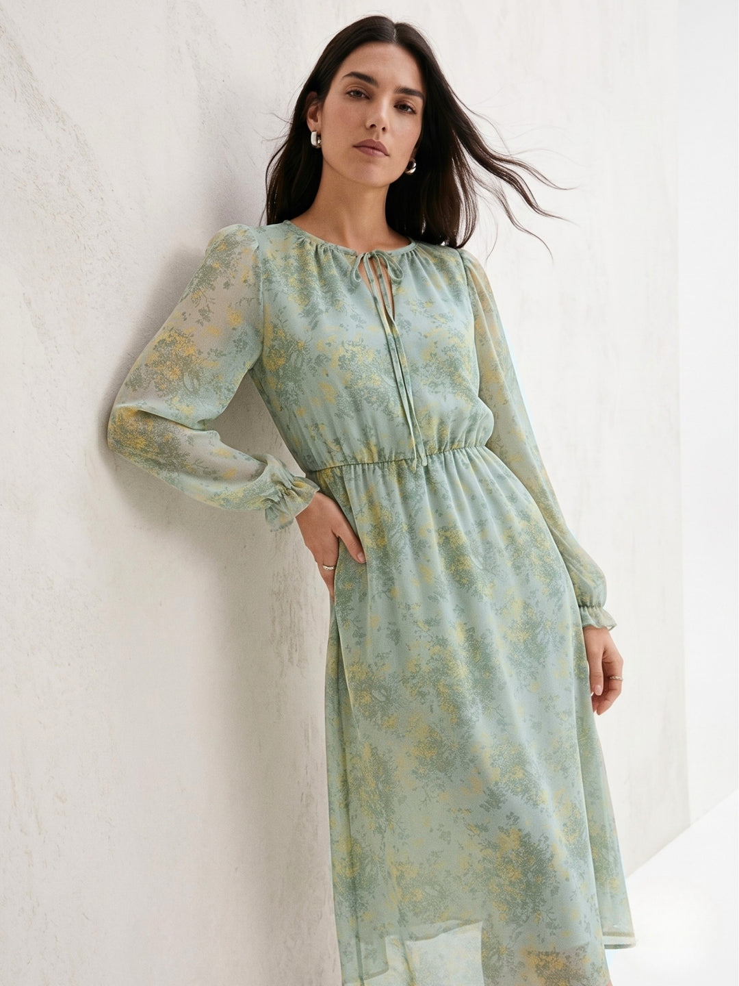 Green High Neck Printed Flowy Dress