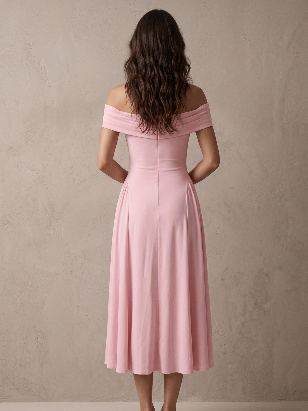 Pink Off Shoulder Tailored Flouncy Dress