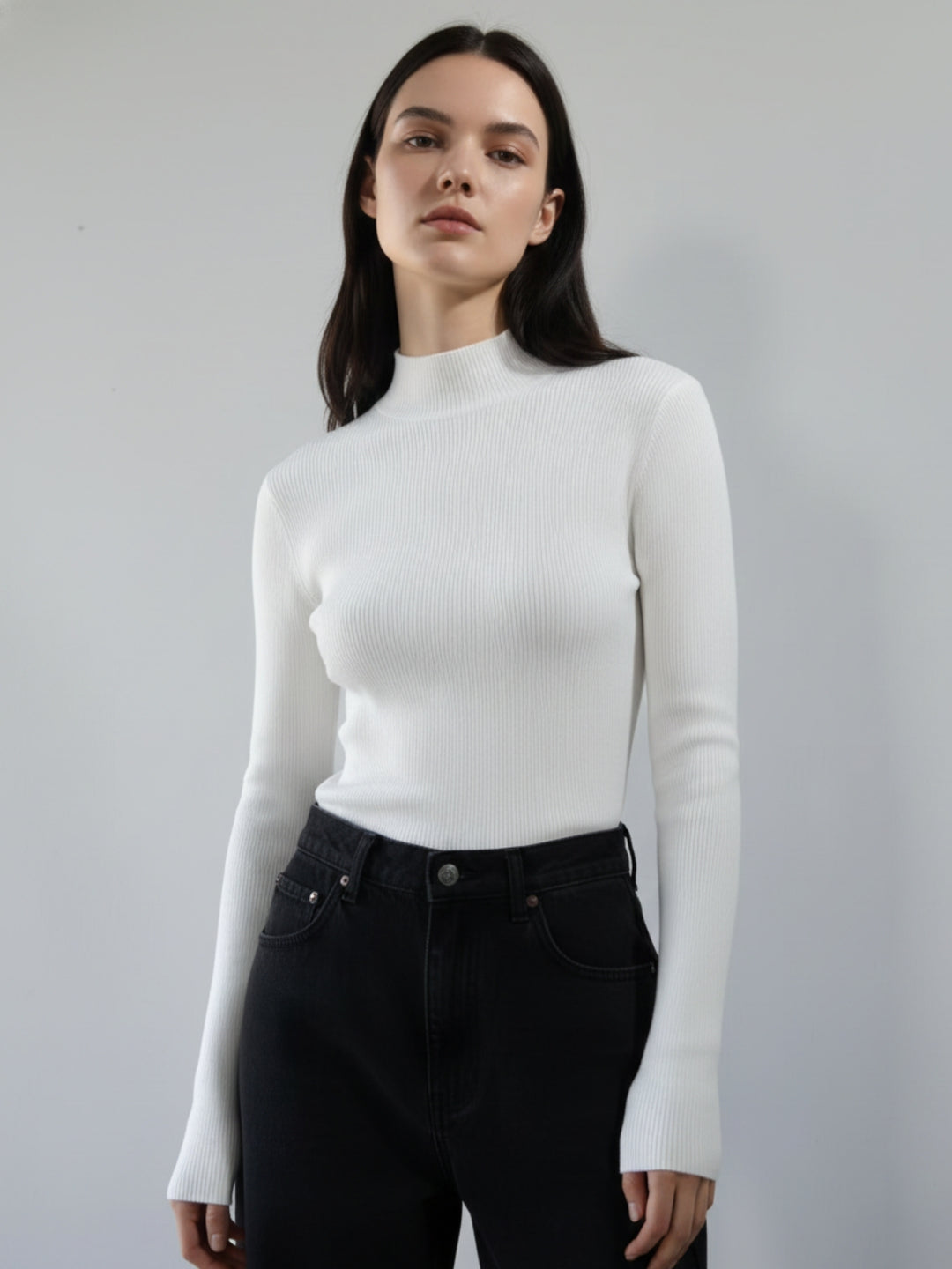White Full Sleeve Mock Neck Fitted Sweater
