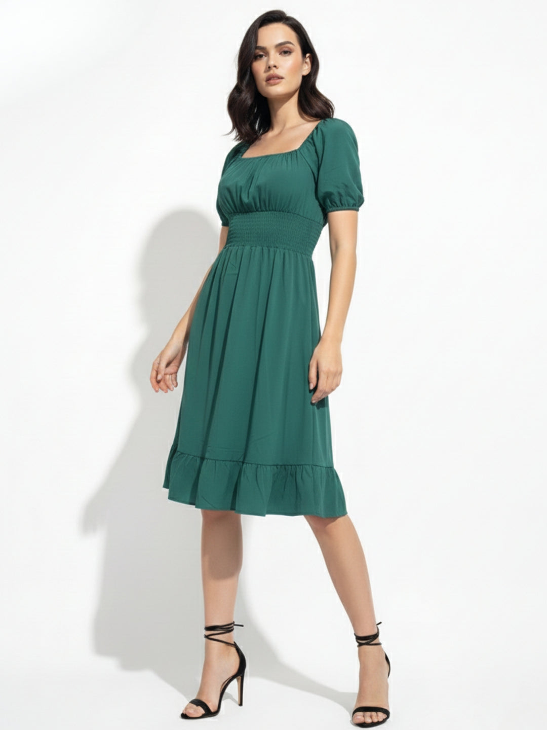 Green Square Neck Cinched Waist Dress