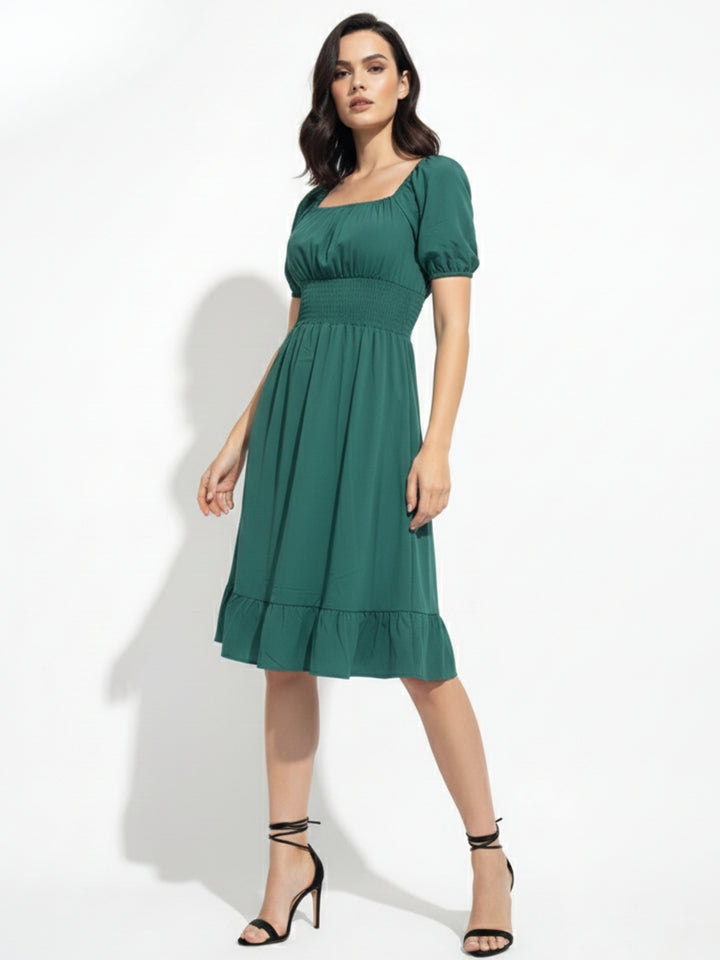 Green Square Neck Cinched Waist Dress