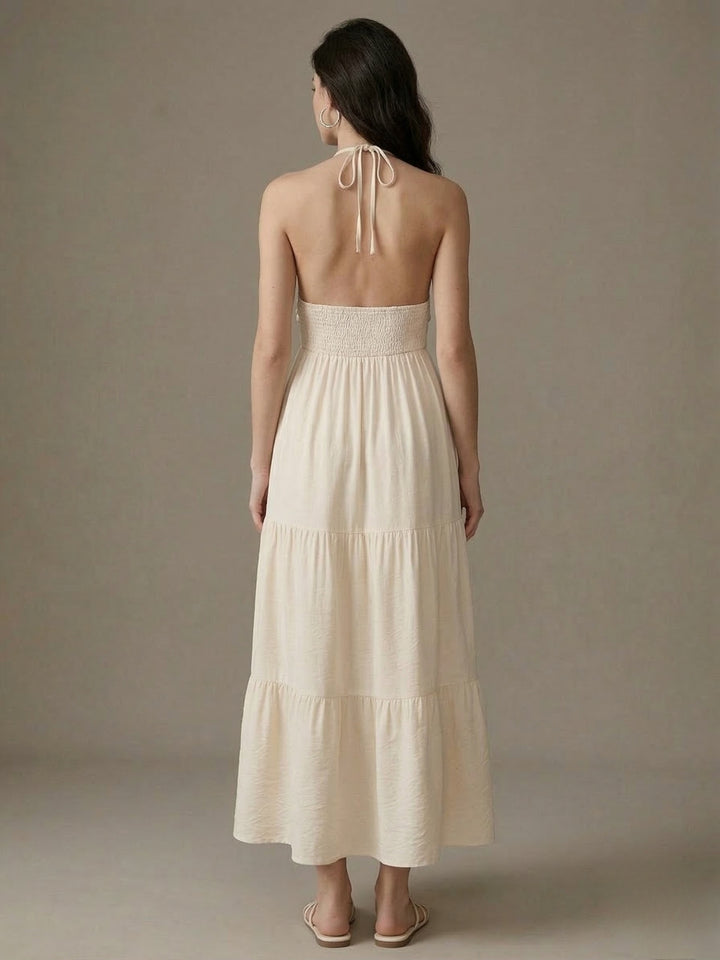 Cream Halter Neck Waist Fitted Tiered Dress