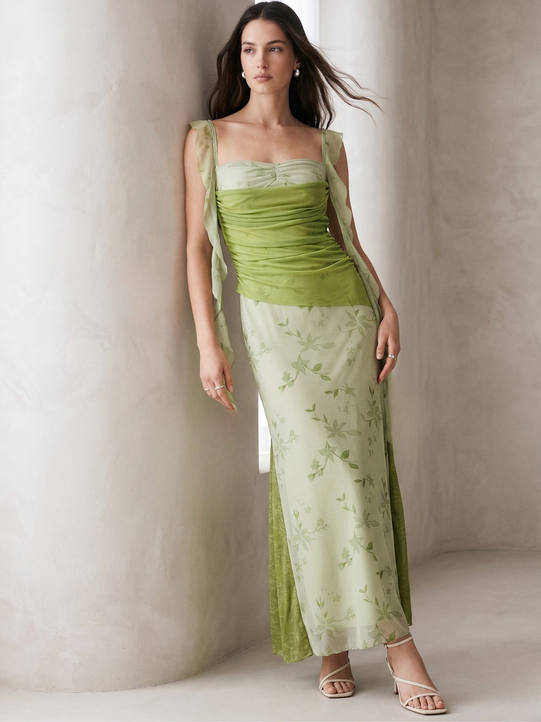 Green Cowl Neck Floral Printed Mesh Dress