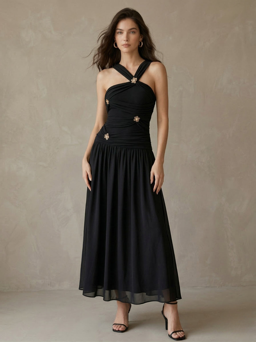 Black Halter Neck Trim Detail Dress