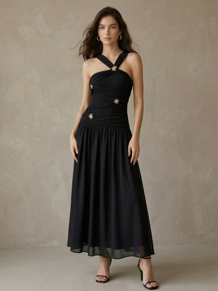 Black Halter Neck Trim Detail Dress