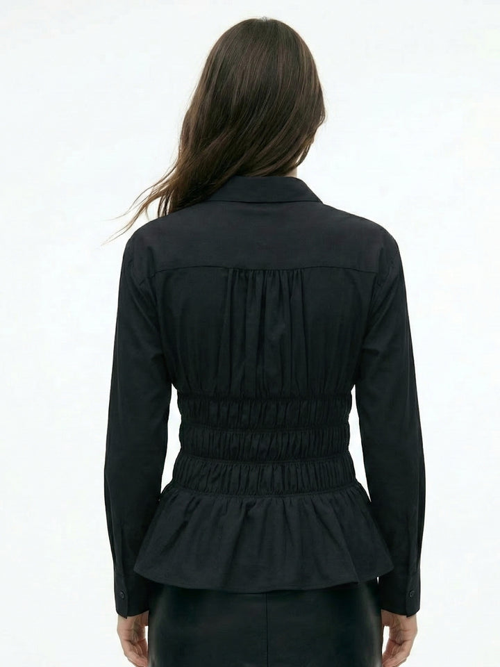 Black Full Sleeve Shirt With Smocking Details At Waist