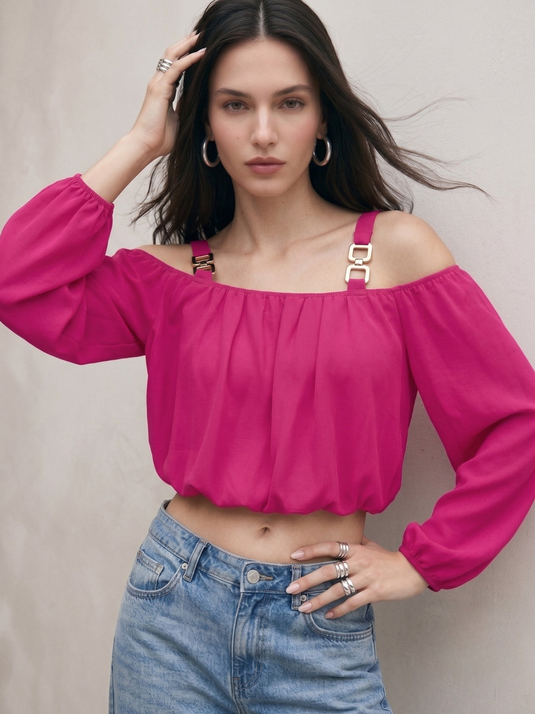 Pink Cold Shoulder With Metal Square Straps