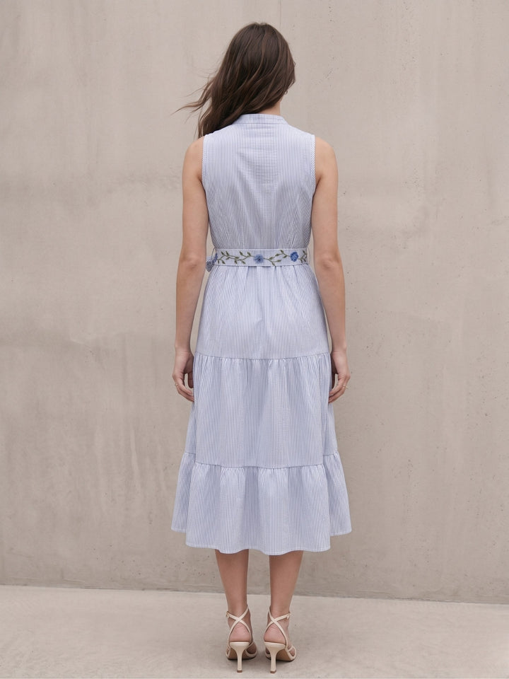 Blue Flared Tiered Stripe Shirt Dress With Embroidered Belt