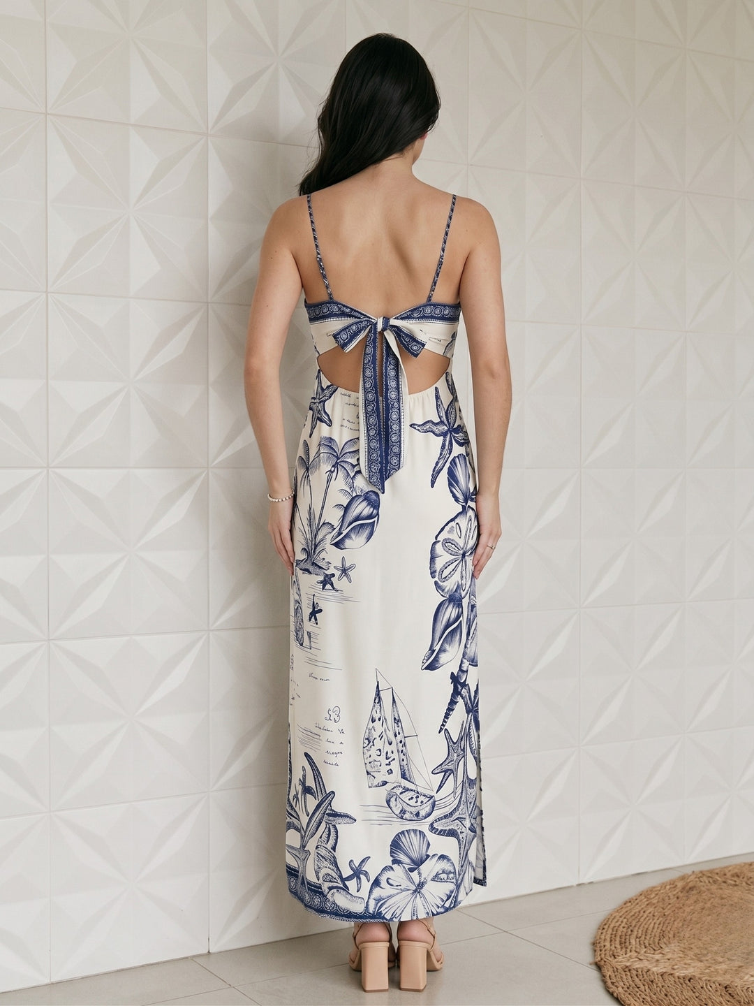 White Back Tie-Up Slit Printed Dress