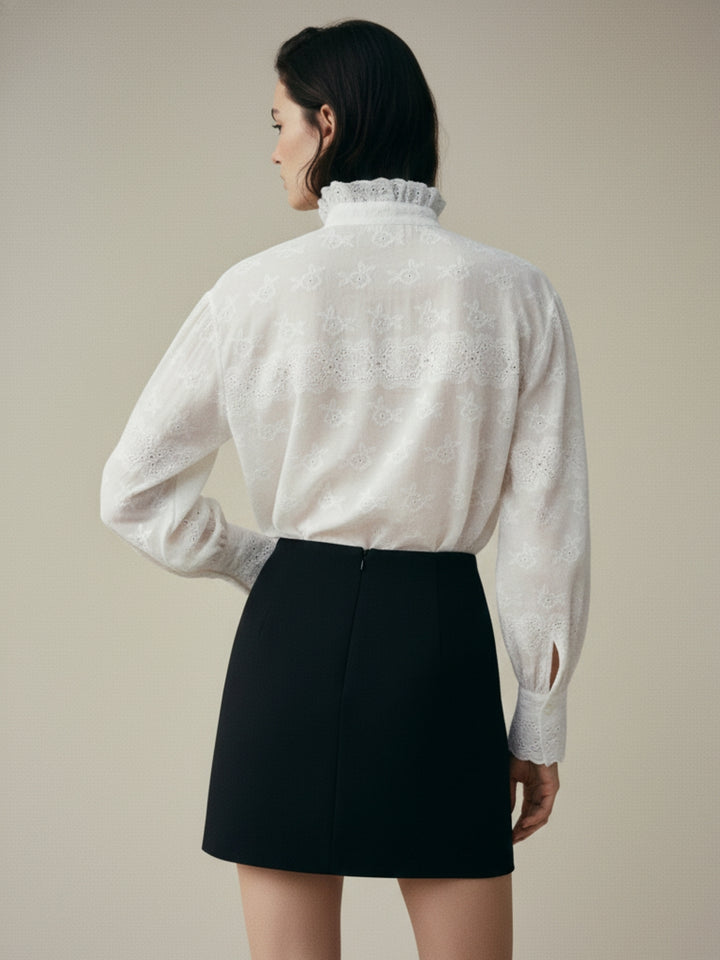 Off White Textured Ruffle Neck Top