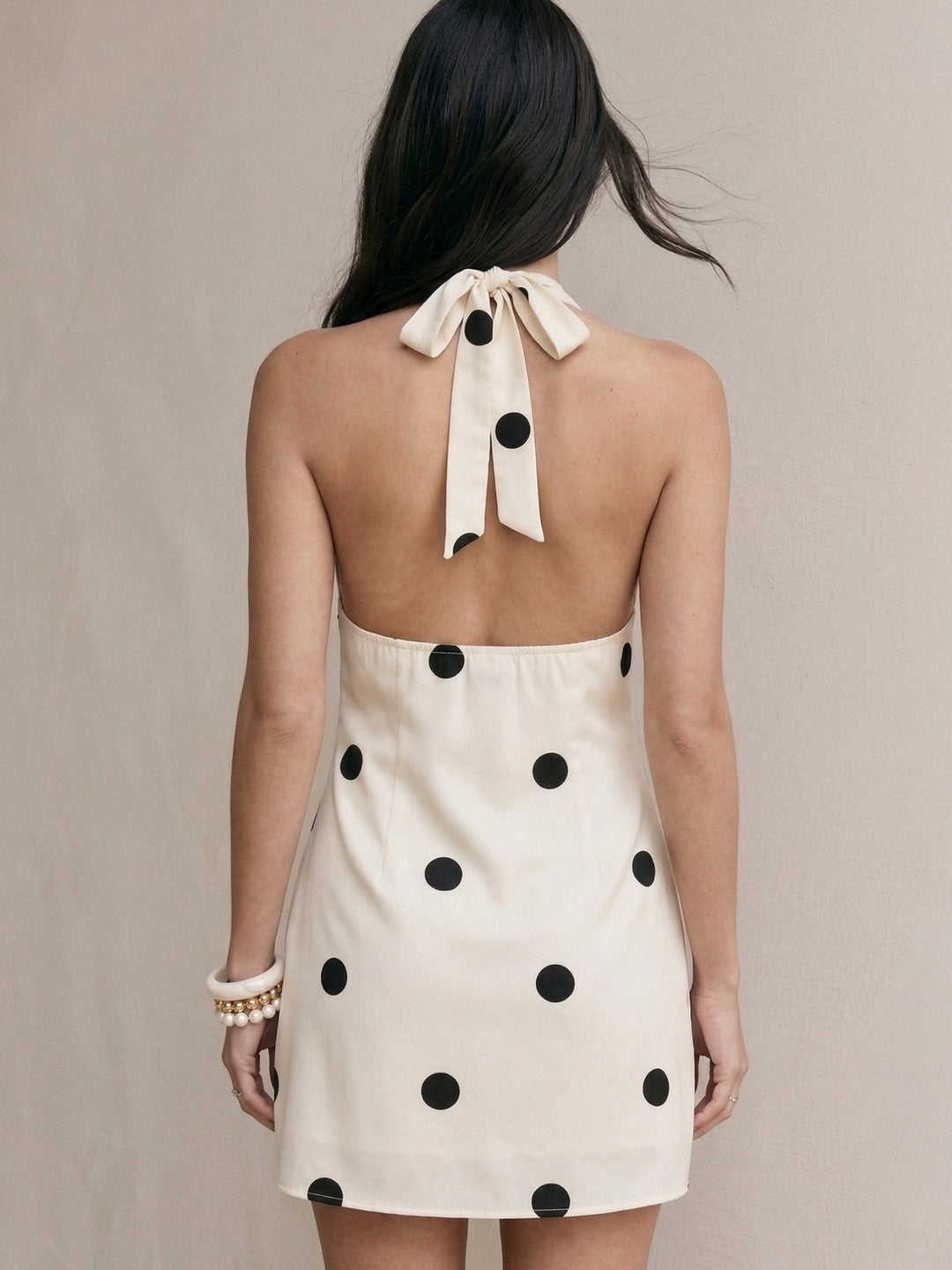 Off White Halter Neck Polka Printed Dress