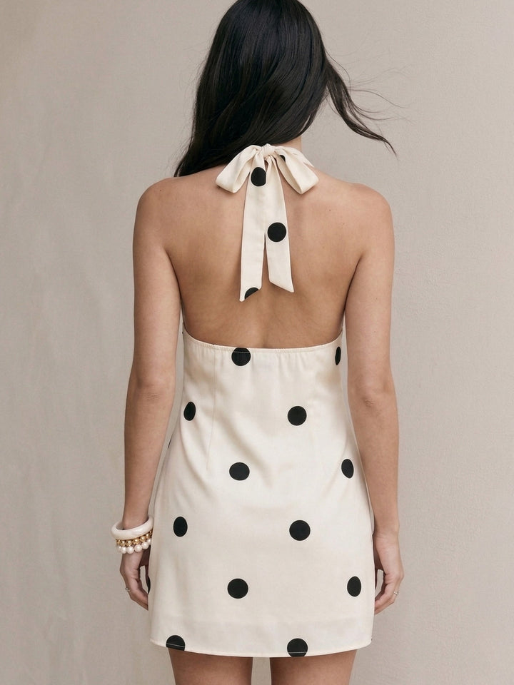 Off White Halter Neck Polka Printed Dress