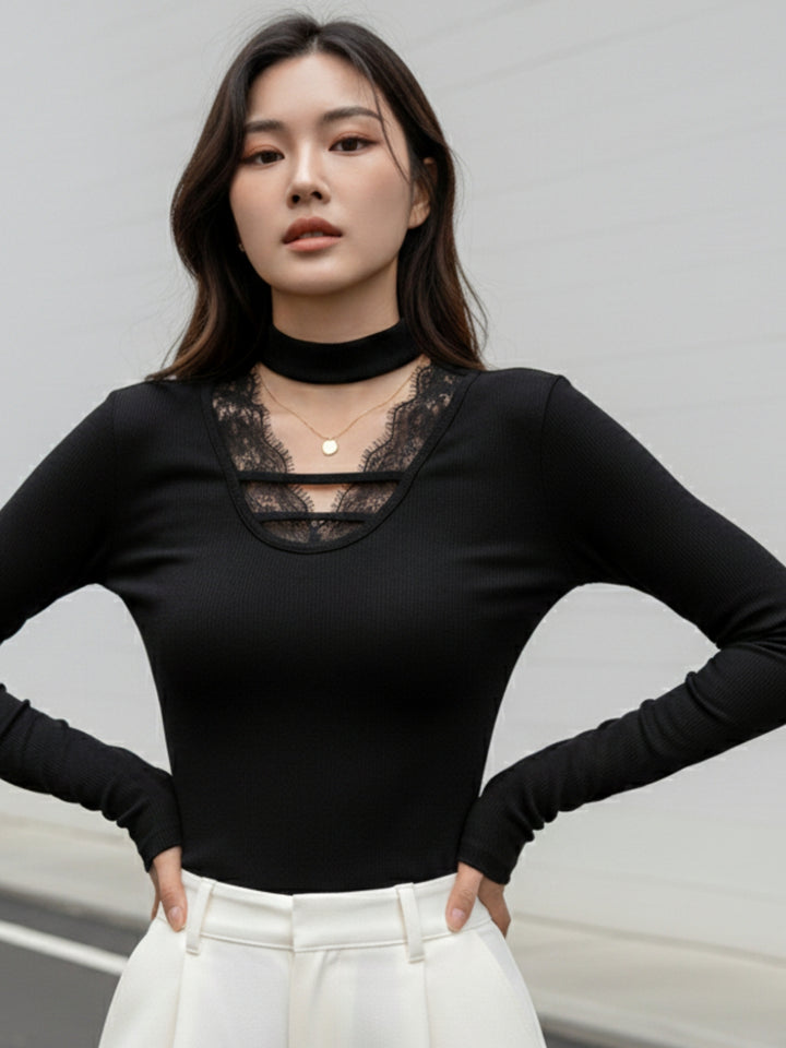 Black Full Sleeve Neck Detail Fitted Top