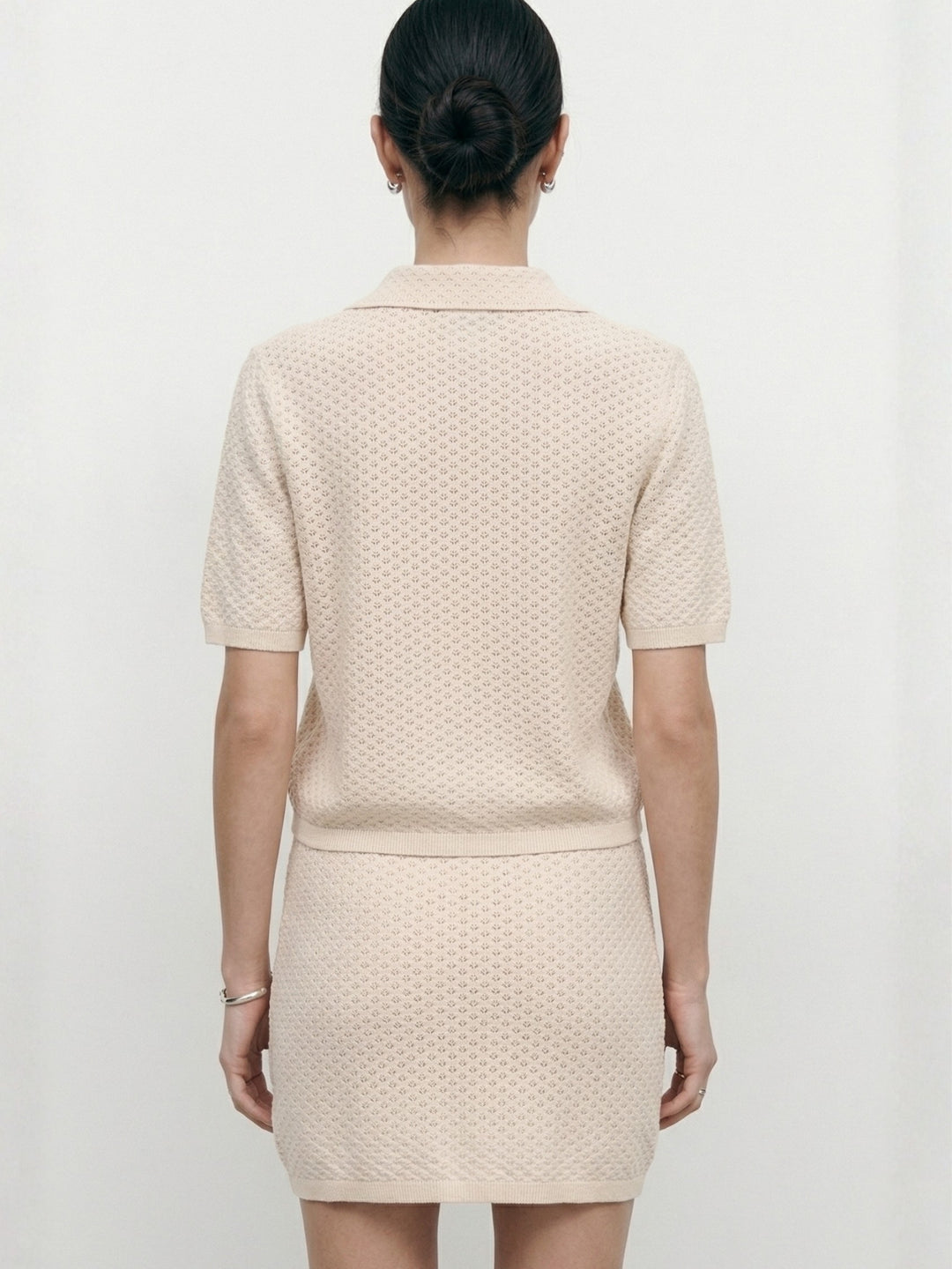 Off White Textured Polo Shirt And Skirts Co-Ord Set
