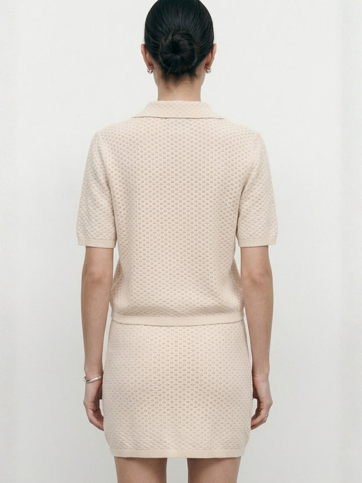 Off White Textured Polo Shirt And Skirts Co-Ord Set