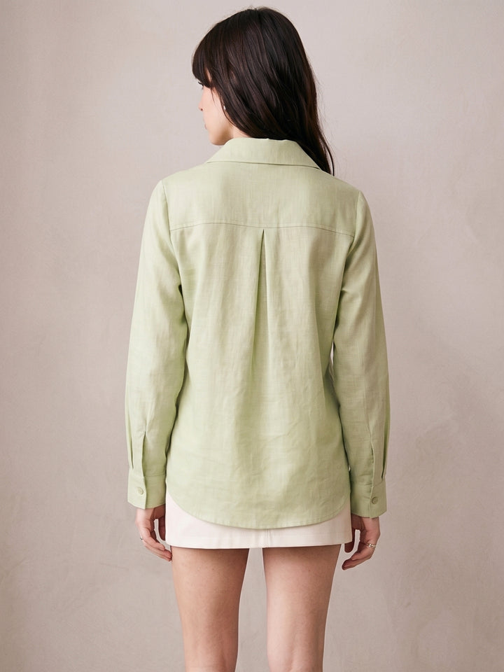 Sea Green Relaxed Fit Shirt With Assymetric Center Front And Lace Patch Detail