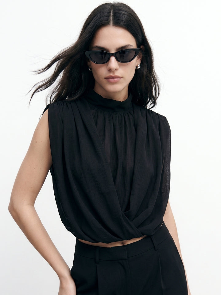 Black Sleeveless Draped Mock Neck Top