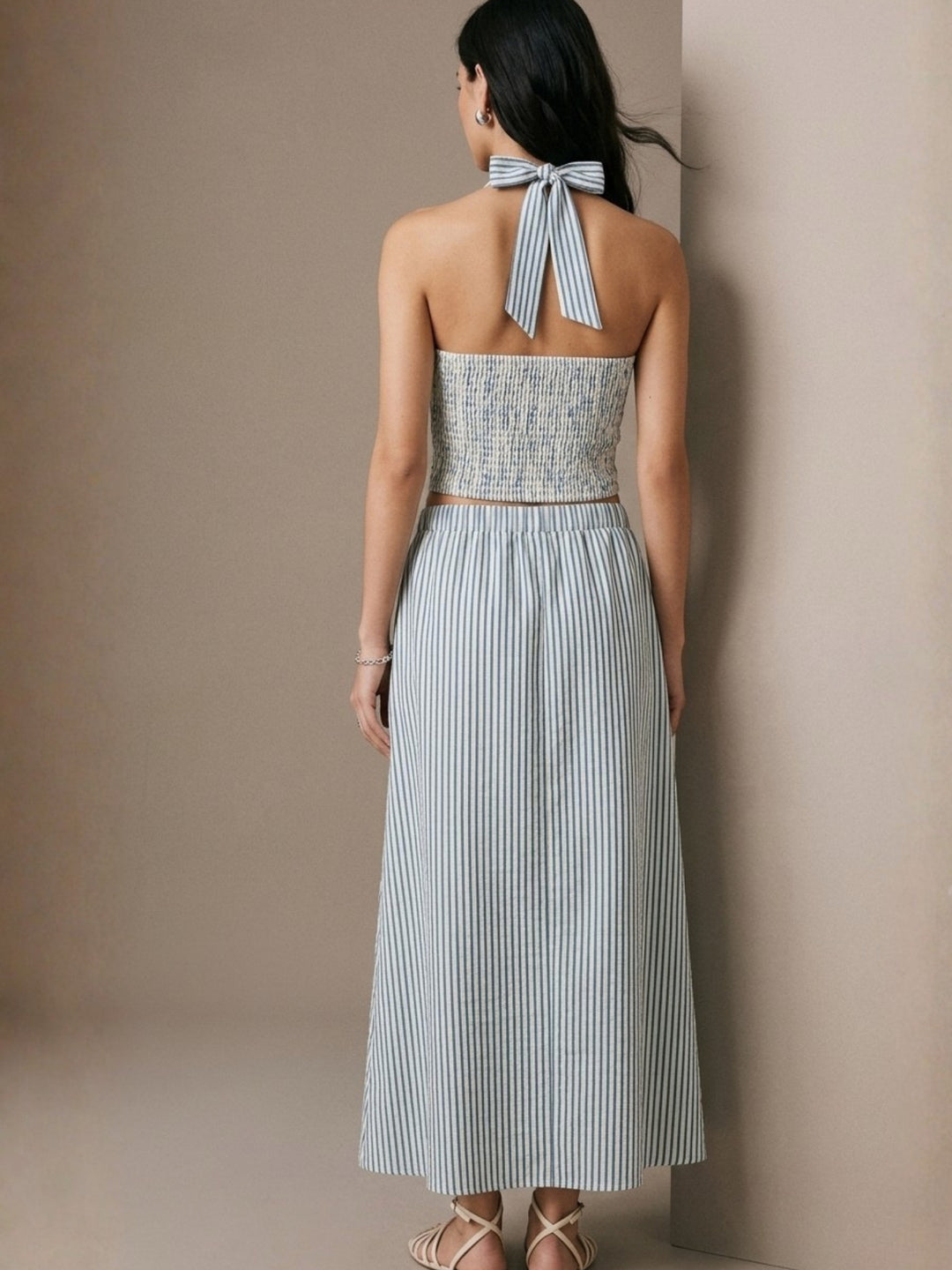 Aqua Halter Neck Striped Top & Skirts Sets