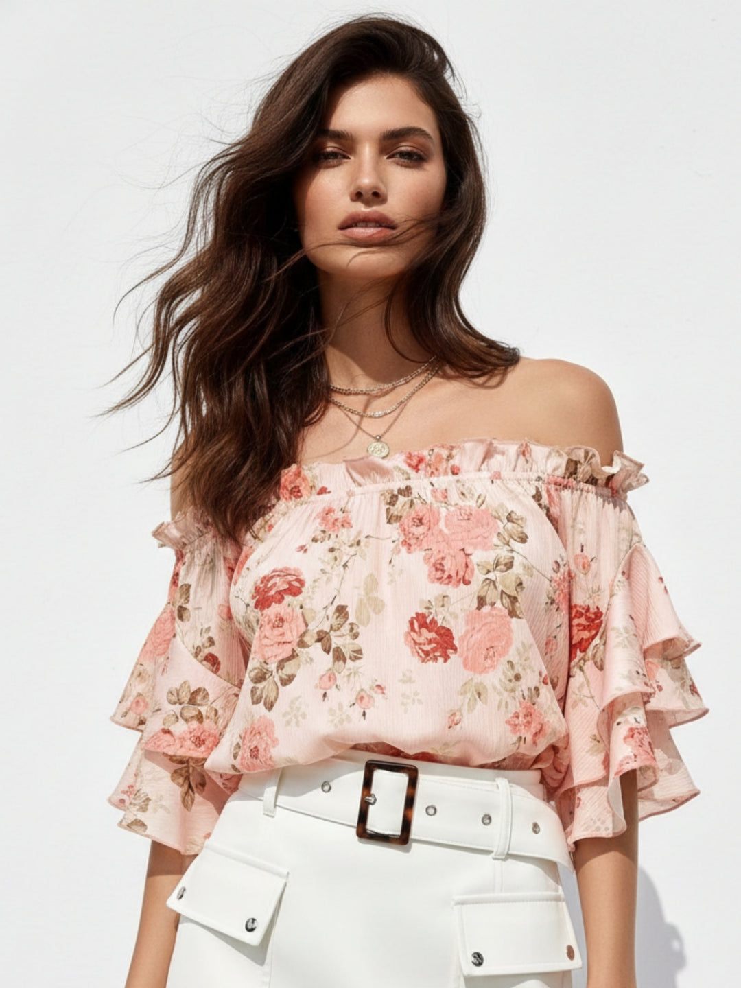 Peach Off Shoulder Printed Ruffle Sleeve Top