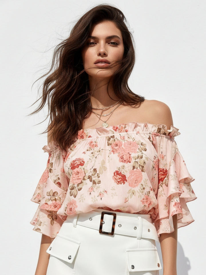 Peach Off Shoulder Printed Ruffle Sleeve Top