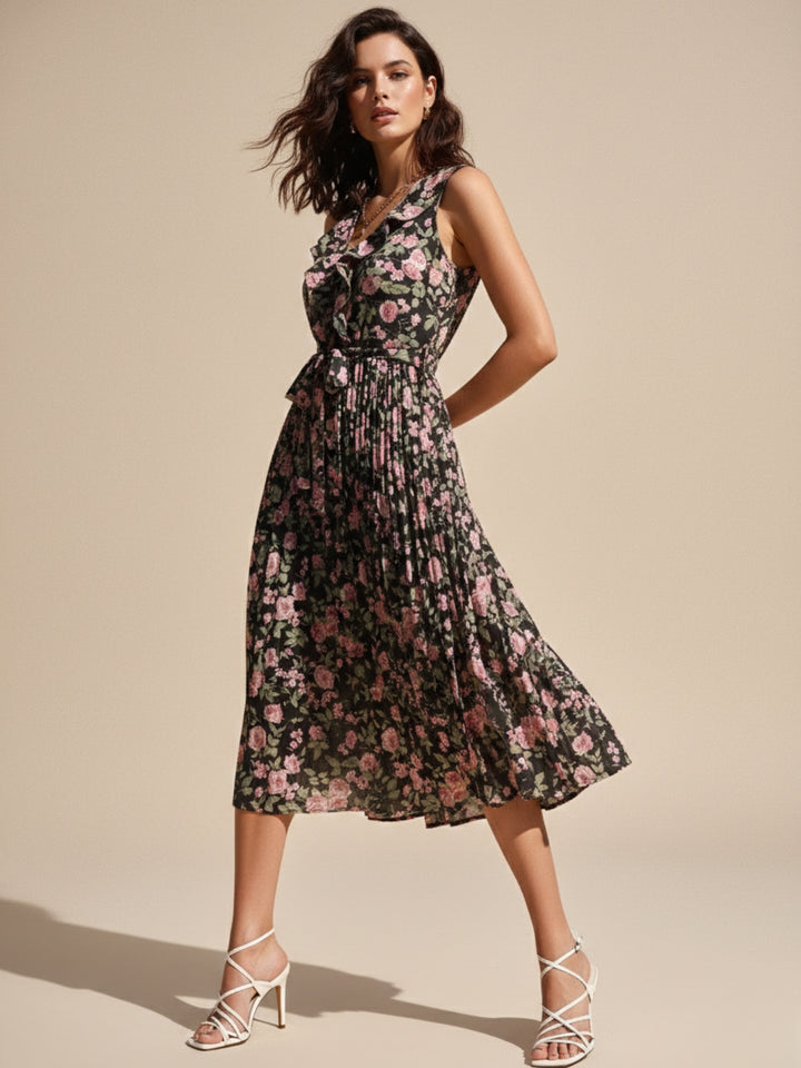Black Sleeveless Collared Printed Dress