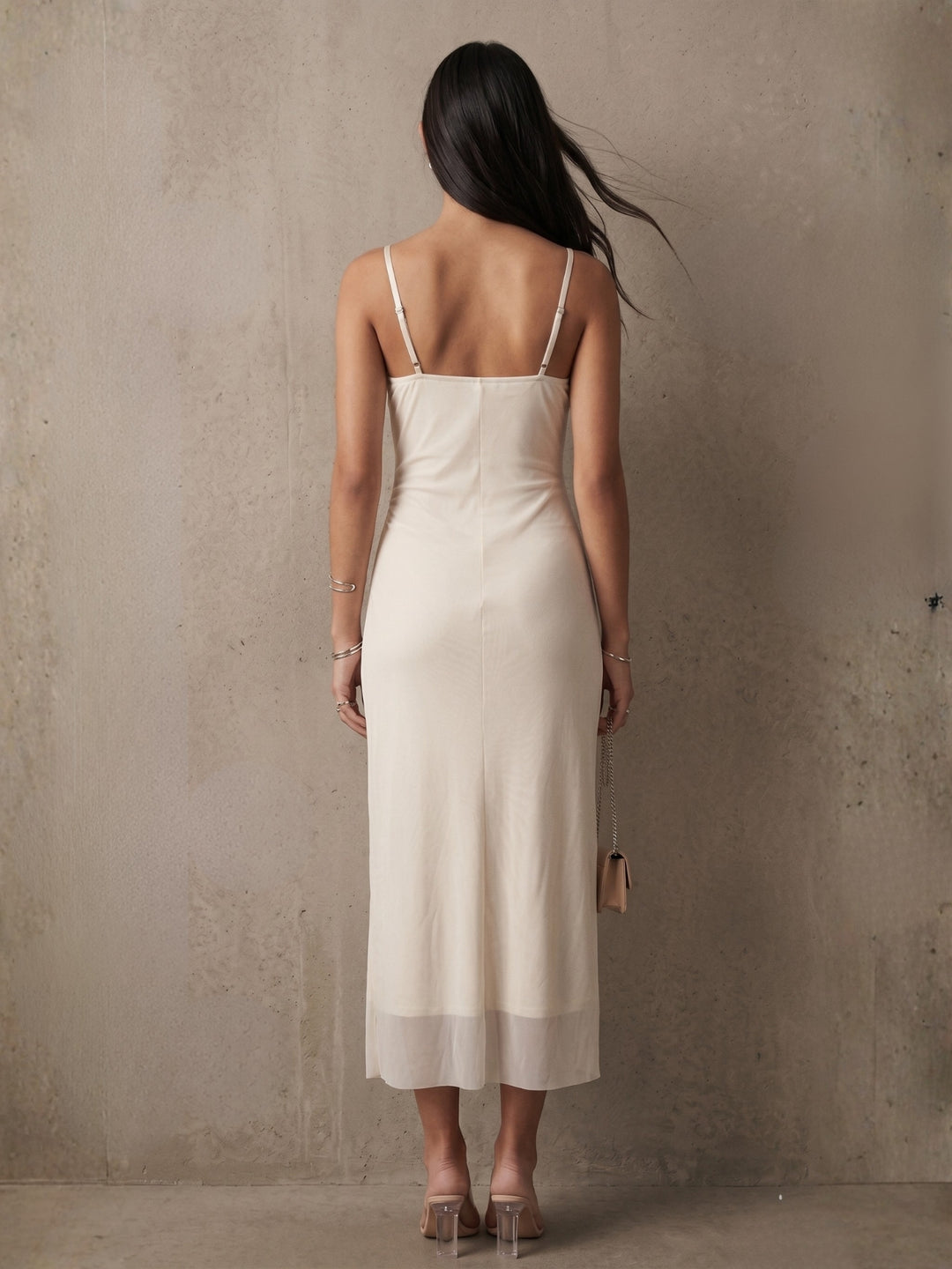 Cream Spaghetti Strap Mesh Dress