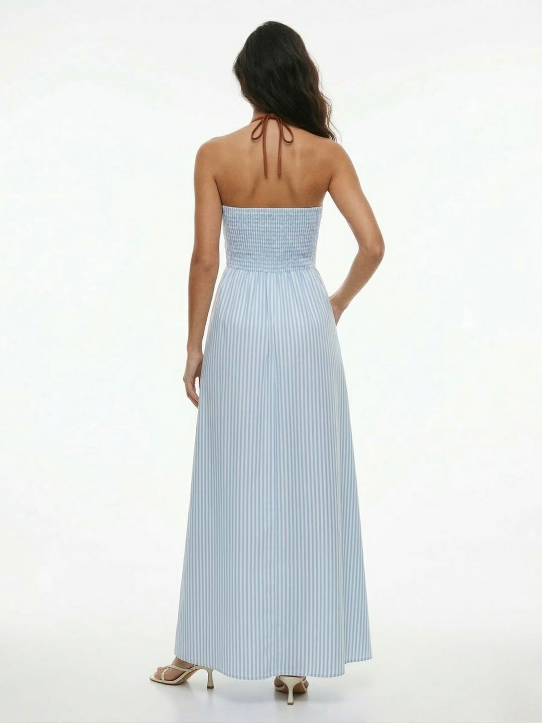 Blue Halter Neck V Plunging Neck Striped Dress