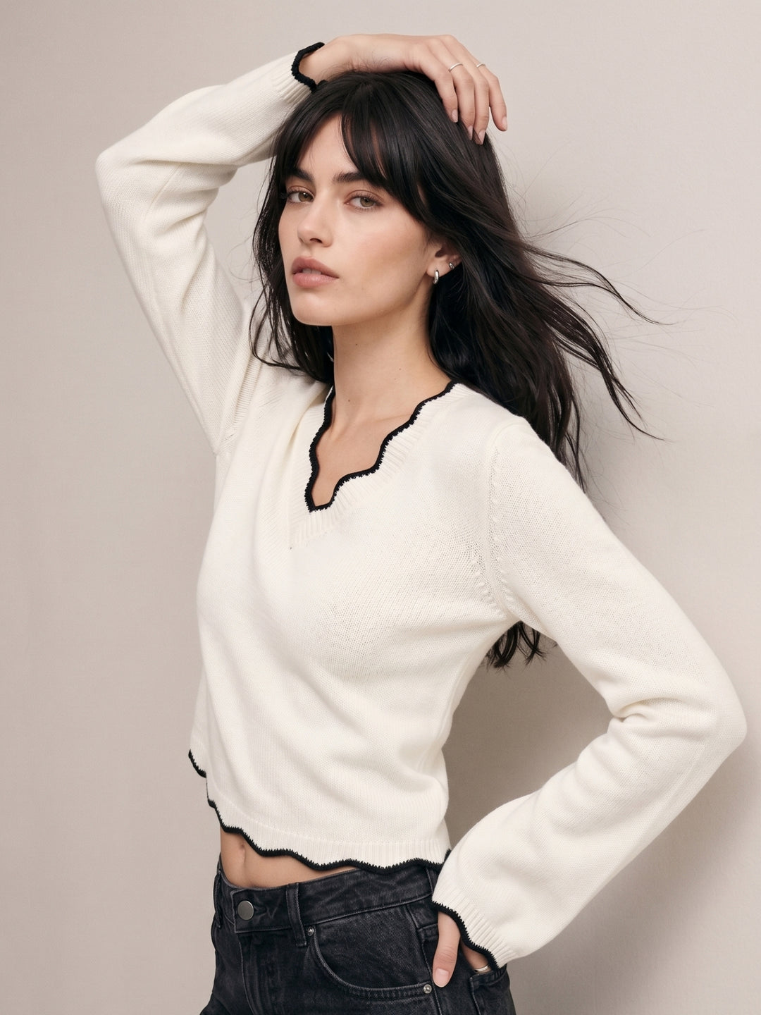 Cream Scallop Neck And Hem Regular Fitted Sweater