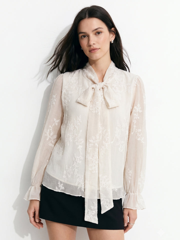 Off White High Neck Floral Lace Top With Neck Tie Up Detail