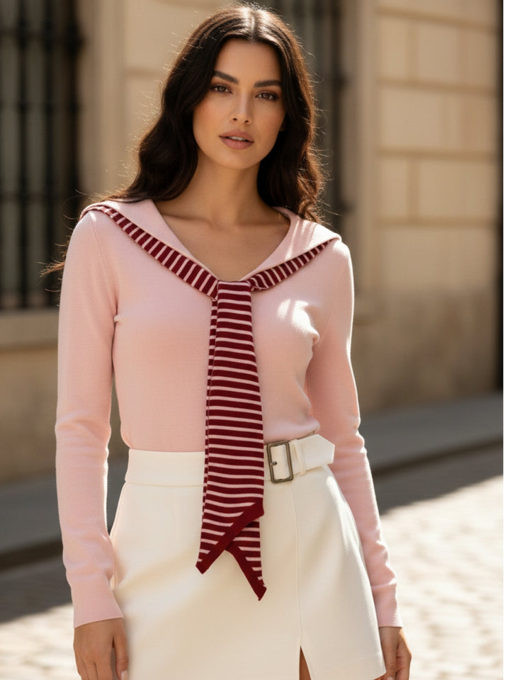 Pink Full Sleeve V Neck Tie Up Top