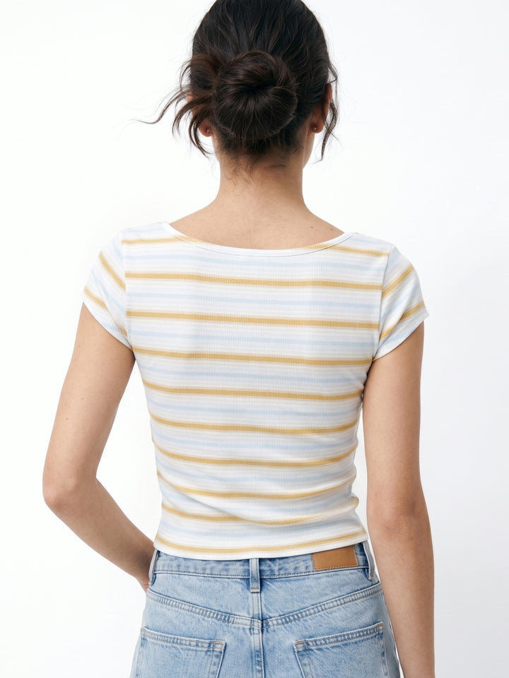Blue Scoop Neck Striped Top