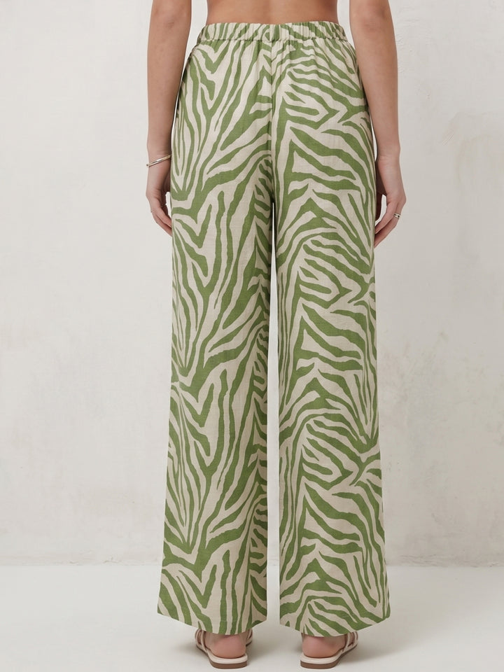 Green Animal Printed Wide Leg Trousers