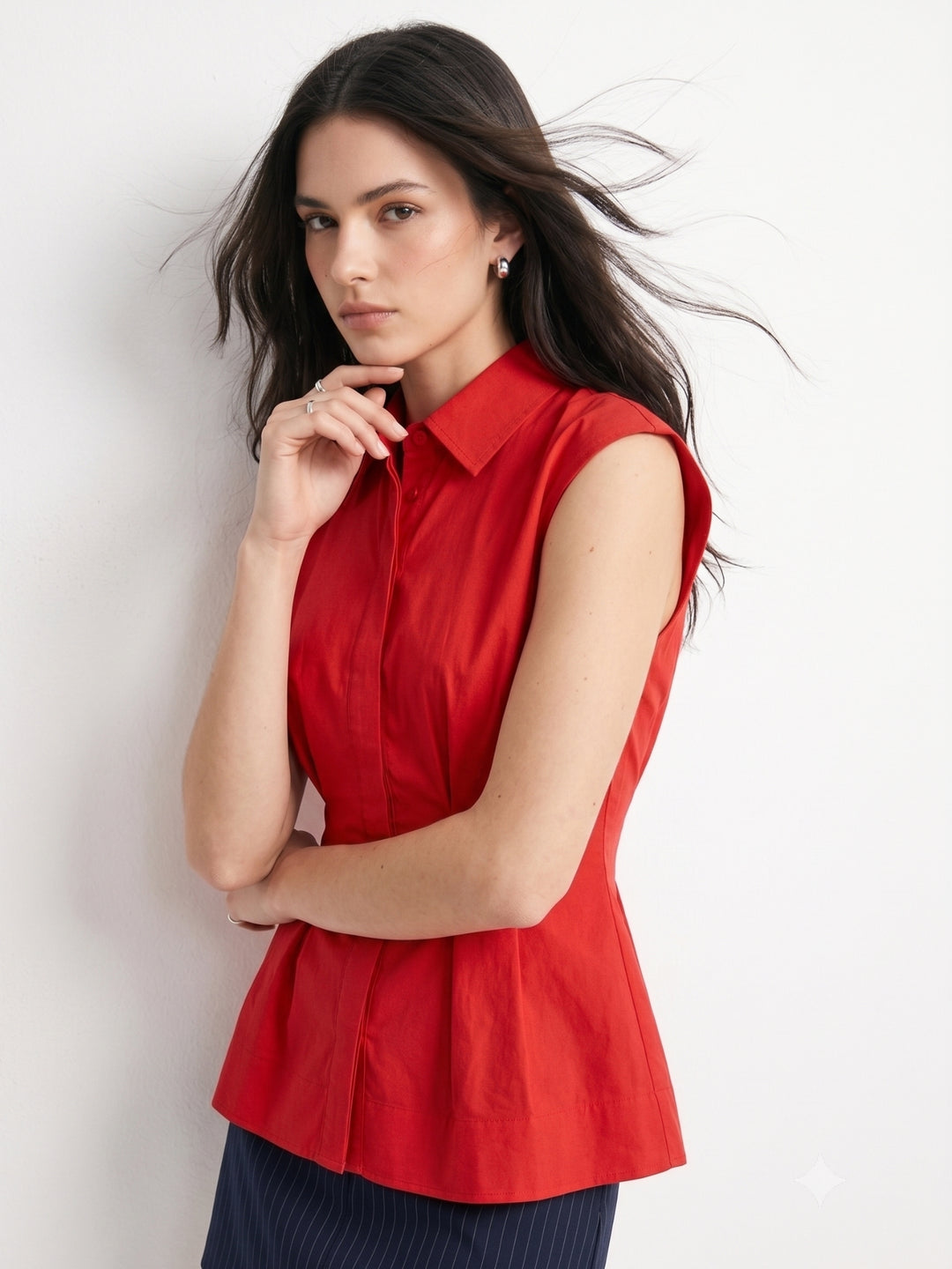 Red Waist Fitted Collared Neck Front Buttoned Shirt