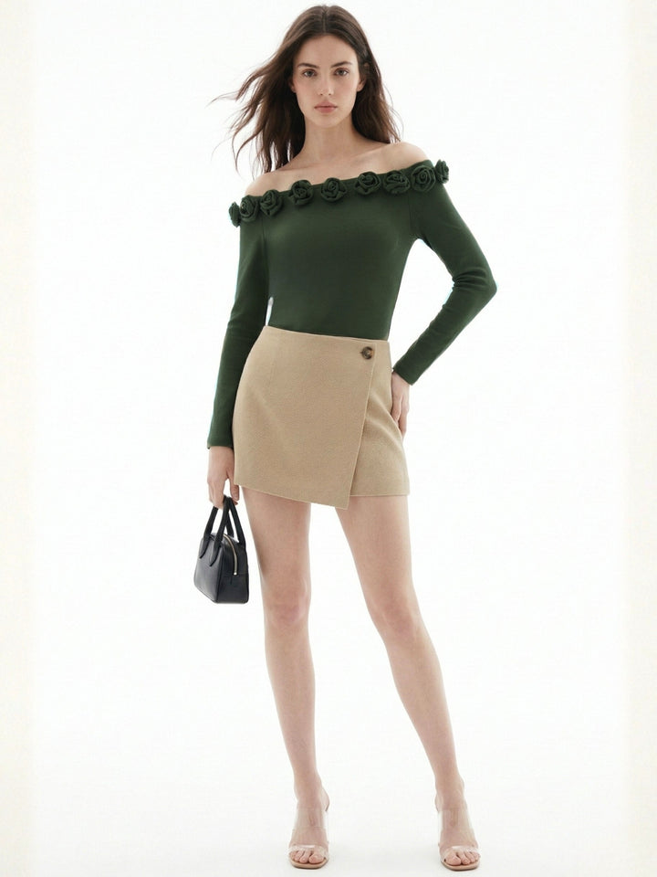 Olive Off-Shoulder Full Sleeved Top With Floral Embellishments