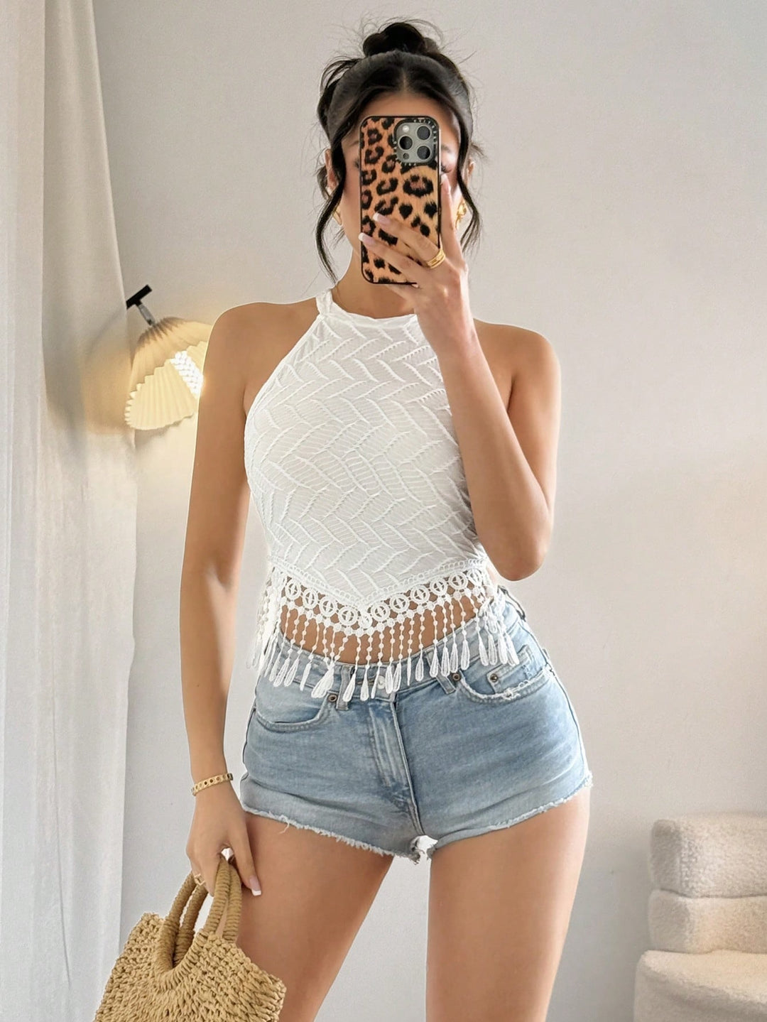 White Textured Knit Tassel Hanging Top