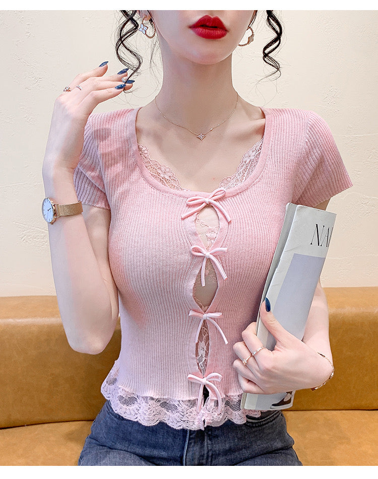 Pink Front Tie Up U Neck Top