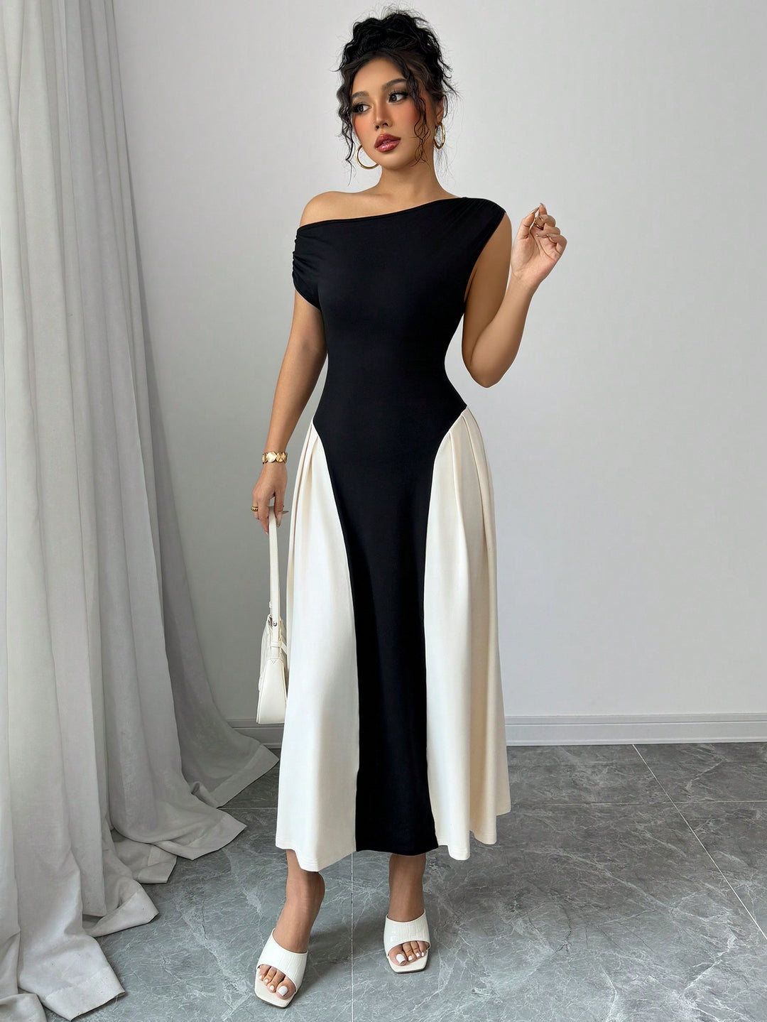 Black One Shoulder Colour Block Dress