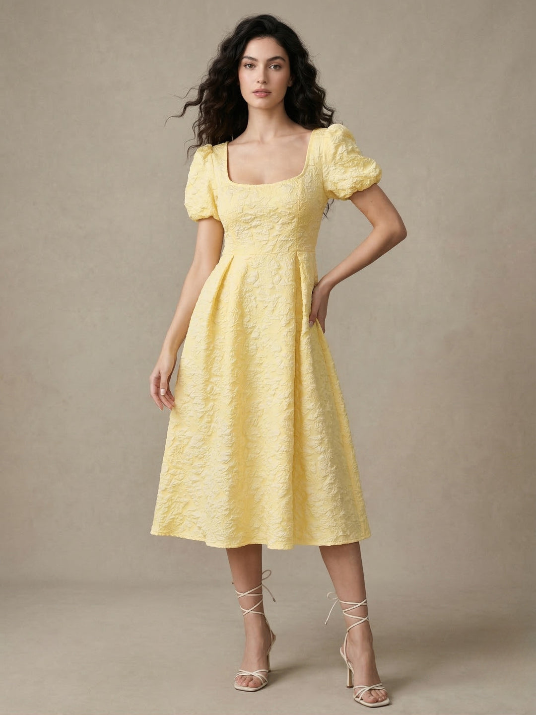 Yellow Puff Sleeve Textured Dress