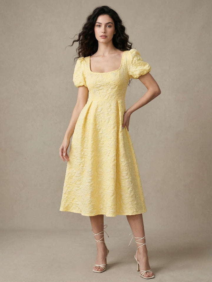 Yellow Puff Sleeve Textured Dress