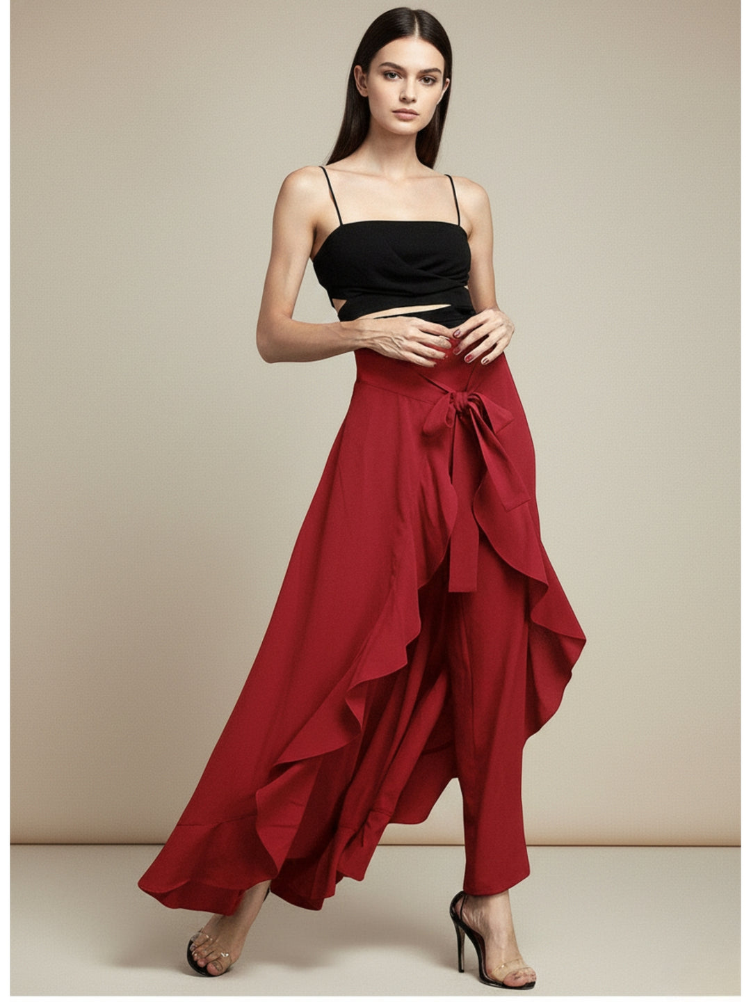 Red Waist Tie-Up Trouser