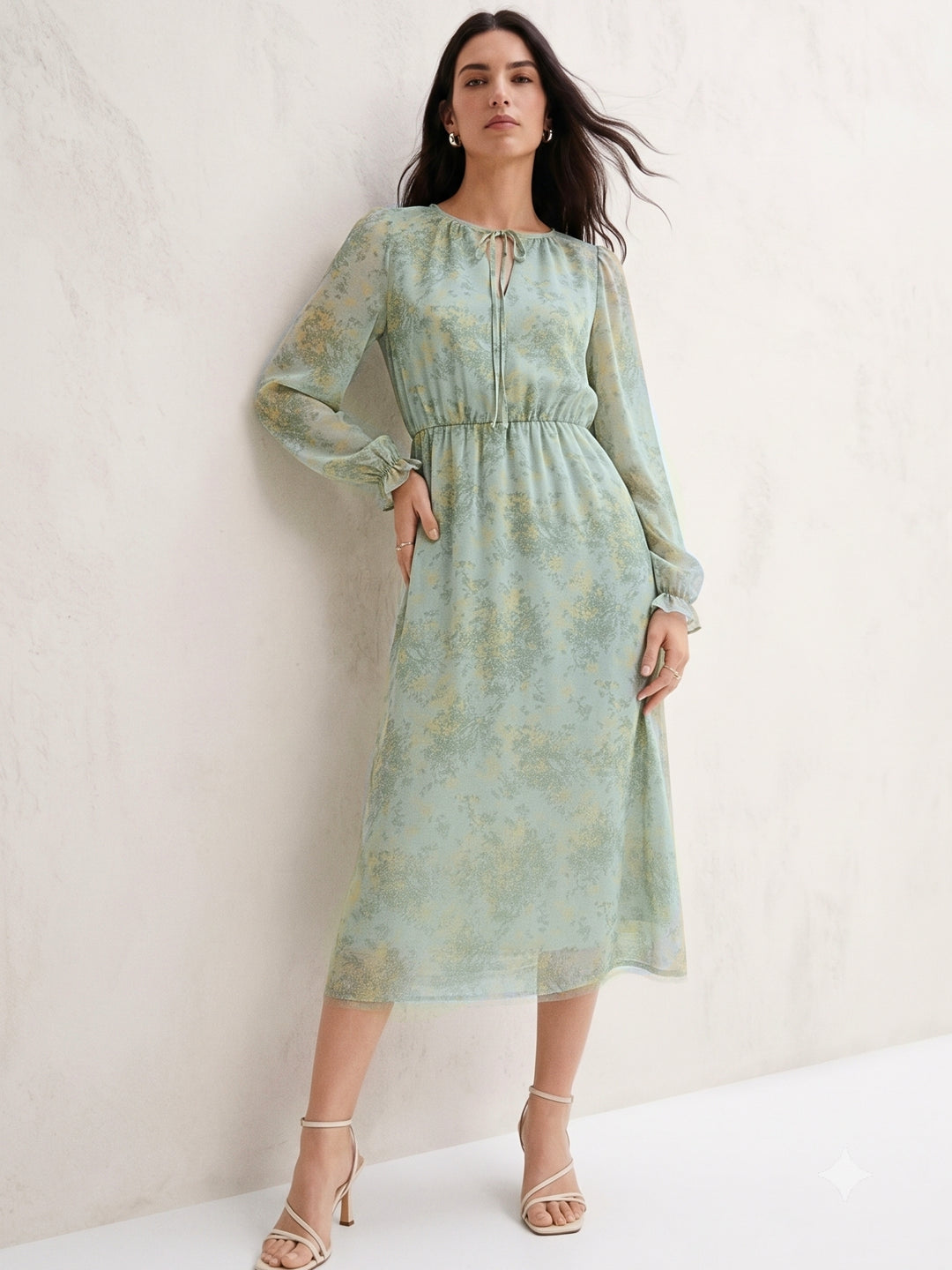 Green High Neck Printed Flowy Dress