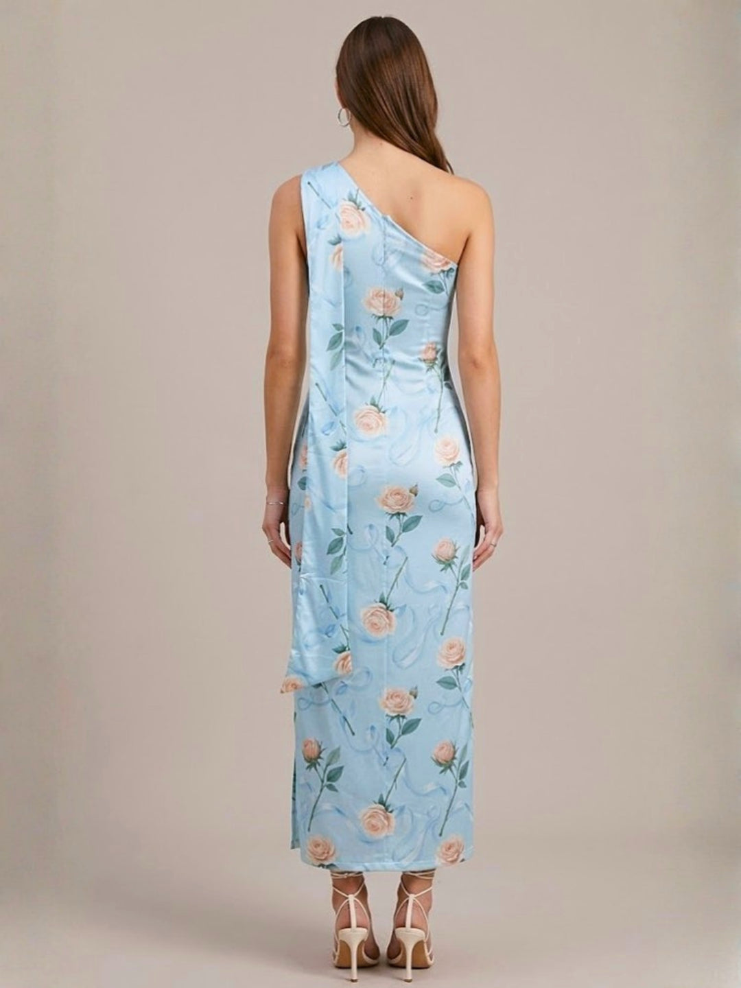 Light Blue One Shoulder Printed Slit Dress