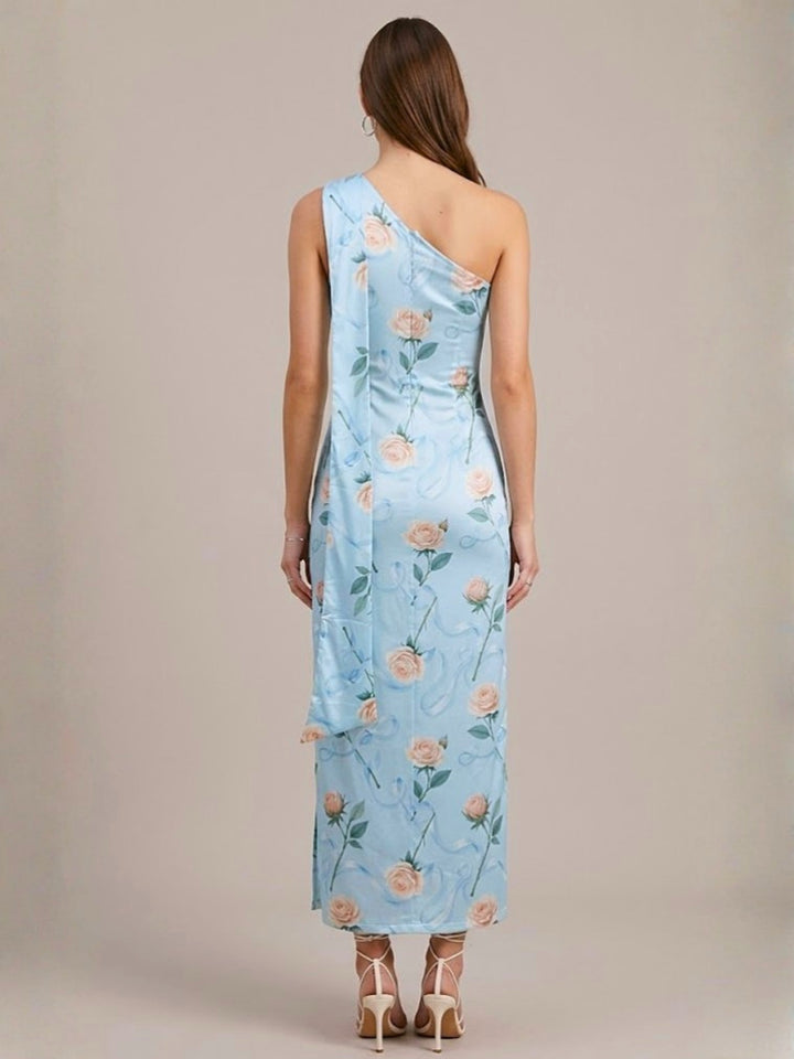 Light Blue One Shoulder Printed Slit Dress