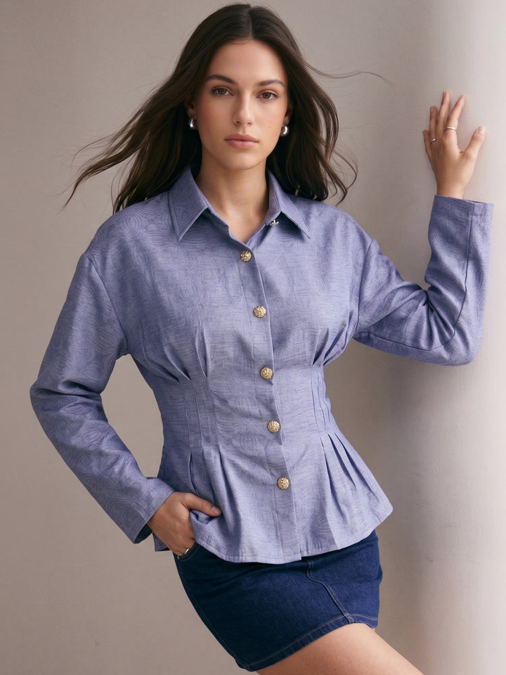 Blue Full Sleeves Front Pleated Shirt